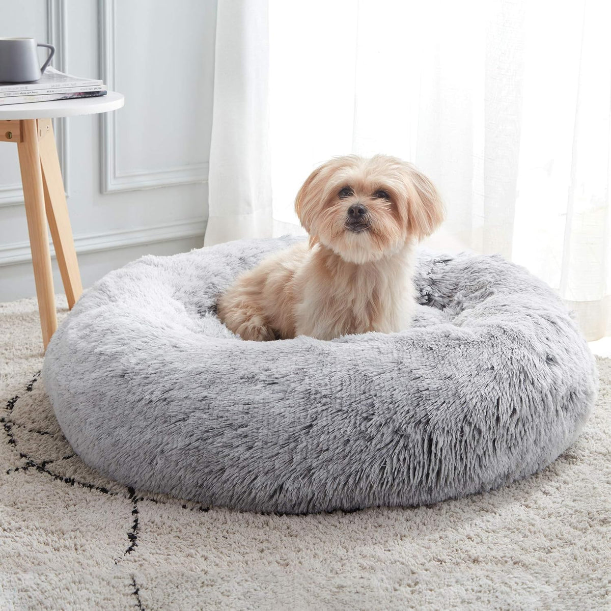 WESTERN HOME WH Calming Soft Round Dog & Cat Bed, Anti-Anxiety Donut Cuddler Warming Cozy Fluffy Faux Fur Plush Cushion Bed for Small Medium Dogs and Cats (20"/24"/27"/30"), Light Grey - Image 1