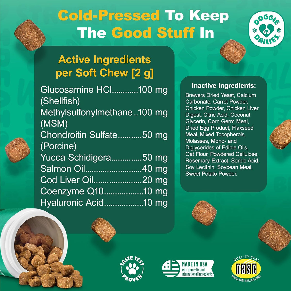 Premium Doggie Dailies hip and joint supplement soft treats container close up