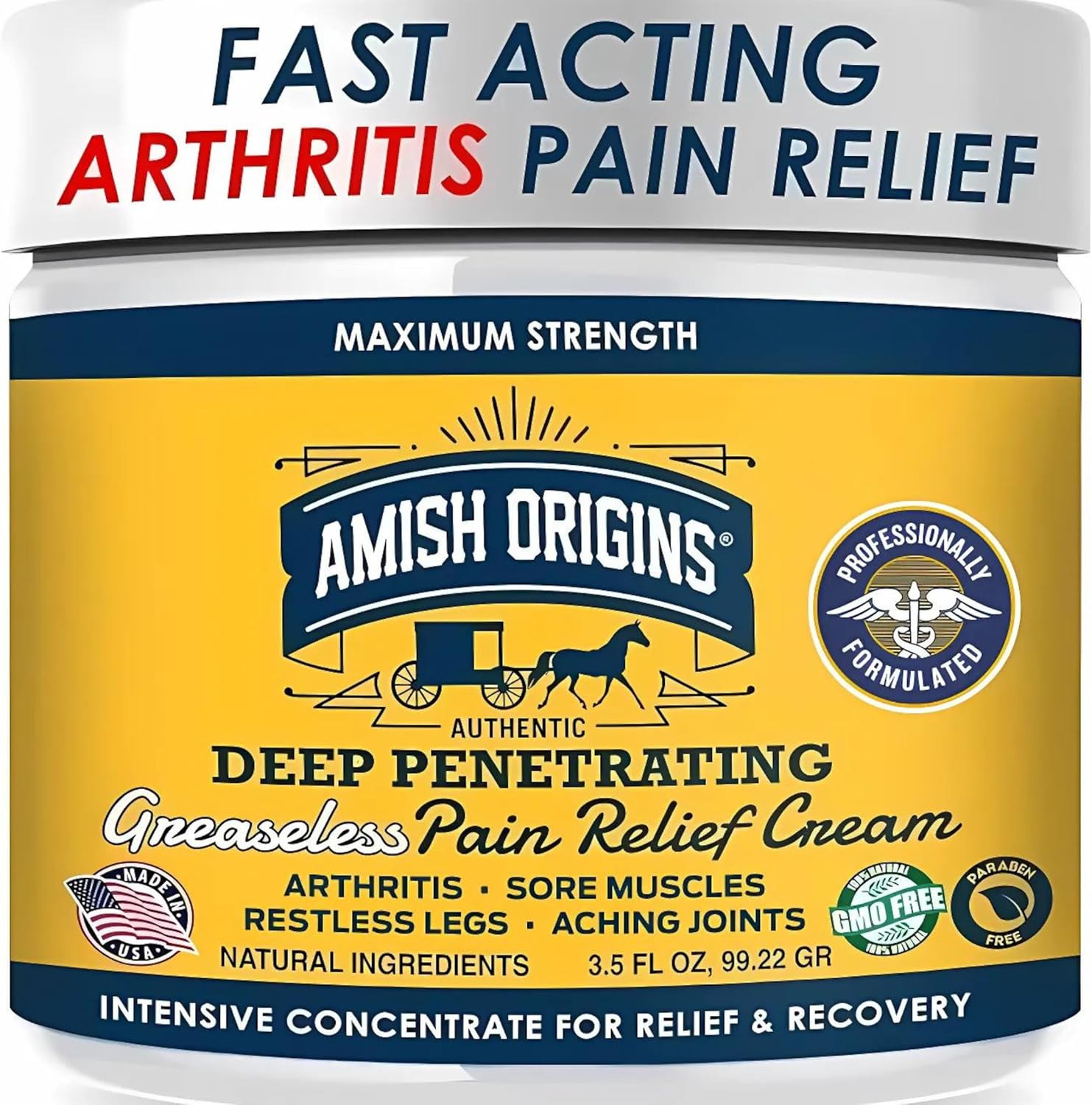 Amish Origins Arthritis Pain Relief Cream front view of the 3.5 ounce tube
