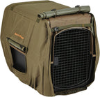 ArcticShield Uninsulated Kennel Cover front view showing the winter moss camouflage pattern on a dog crate.