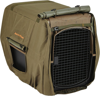 ArcticShield Uninsulated Kennel Cover front view showing the winter moss camouflage pattern on a dog crate.