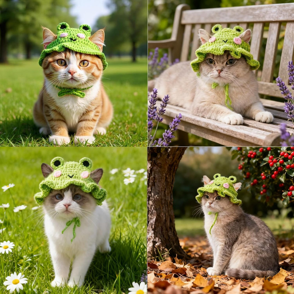 Hand-knitted crochet green frog bonnet on white background