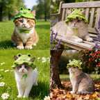 Hand-knitted crochet green frog bonnet on white background