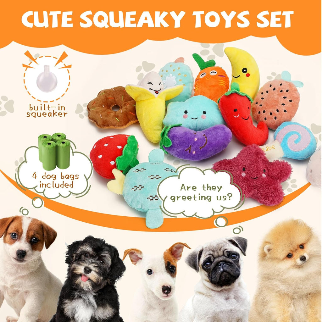 QTwoof puppy squeaker toys assortment featuring snack and vegetable shapes for interactive fetch games.