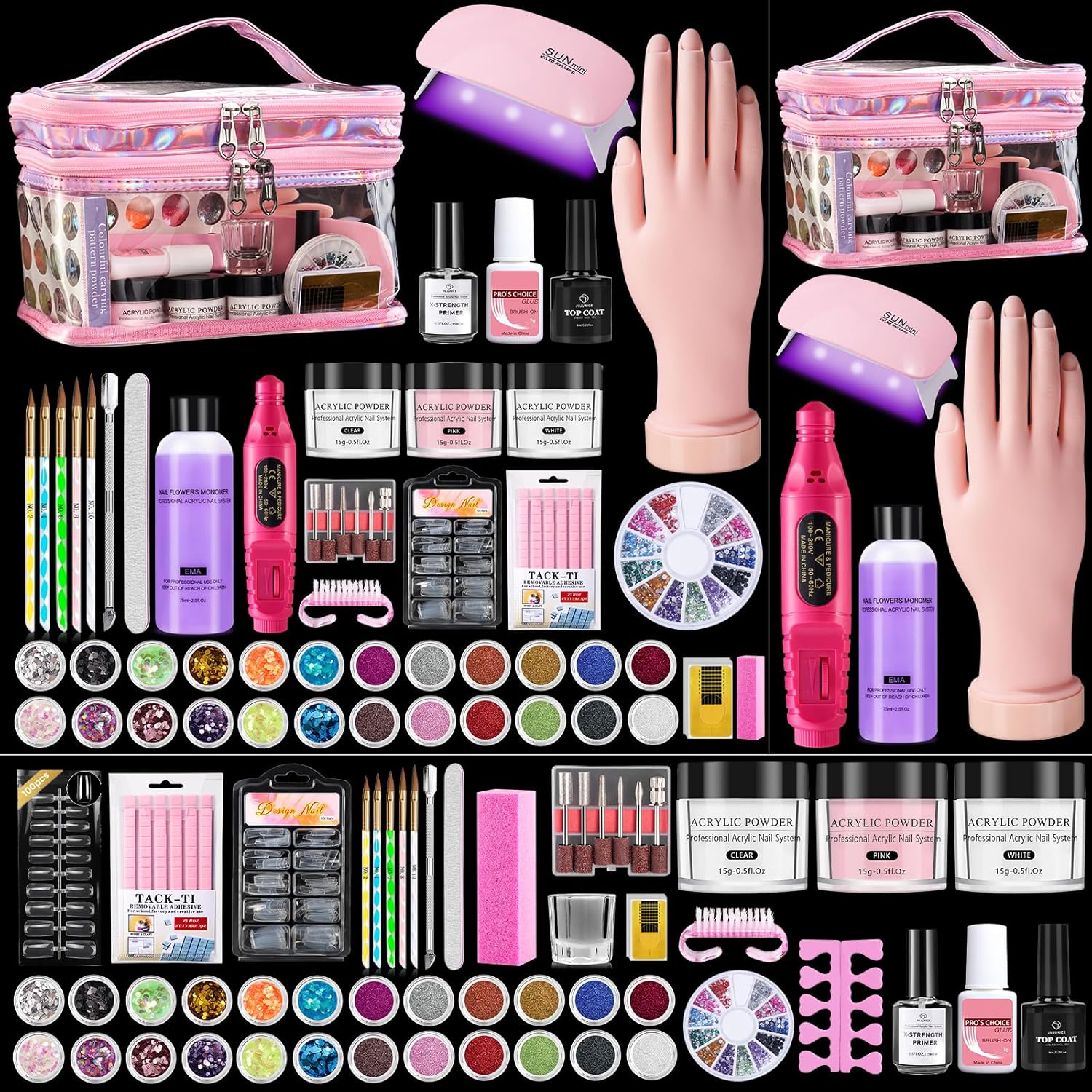 Nail Kit for Beginners with Everything: Practice Nail Hand Acrylic Set Professional Powder Liquid Starter Kits with Drill U/V Lamp in Cosmetic Gift Bag for Salon Home (Pink) - Image 1