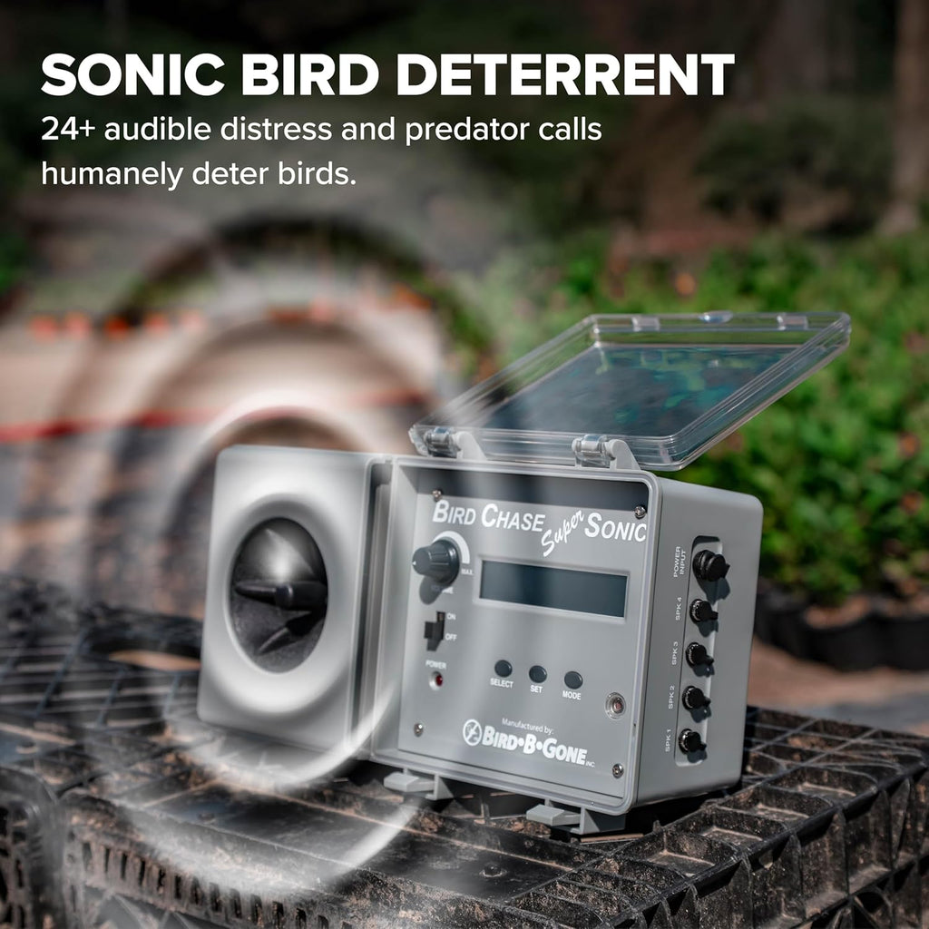 Bird B Gone electronic bird deterrent device mounted on a post