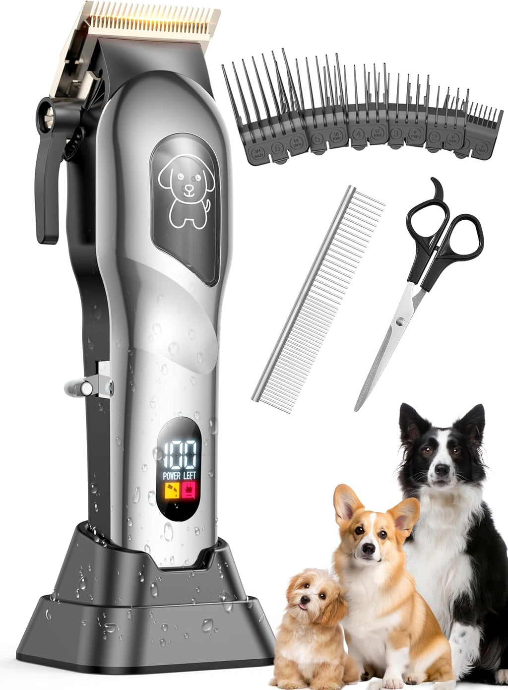 Dog Clippers for Grooming, Dog Grooming Kit for Heavy Hair, Low Noise Cordless Pet Hair Trimmer with Stainless Steel Blade, Professional Rechargeable Hair Trimmer for Dogs and Cats Gunmetal Silver - Image 9