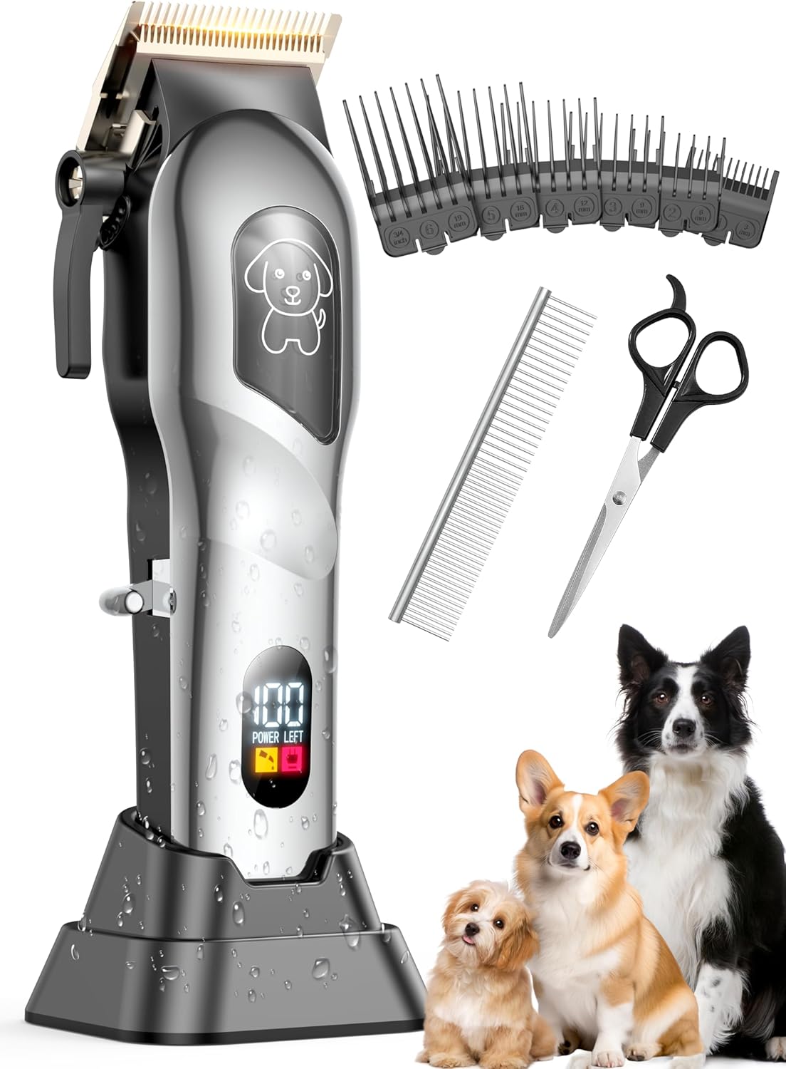 Dog Clippers for Grooming, Dog Grooming Kit for Heavy Hair, Low Noise Cordless Pet Hair Trimmer with Stainless Steel Blade, Professional Rechargeable Hair Trimmer for Dogs and Cats Gunmetal Silver - Image 9