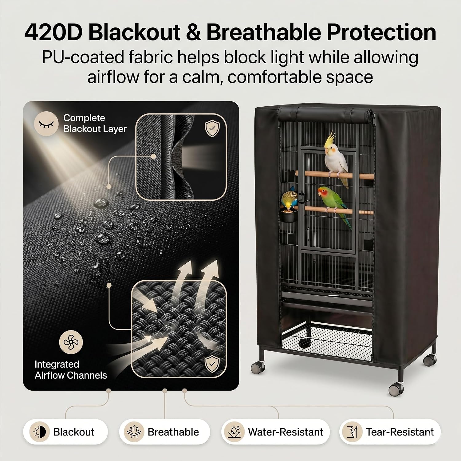 Hoartsardeo blackout night cover for bird cages with the front zipper panel rolled up for easy pet feeding access.