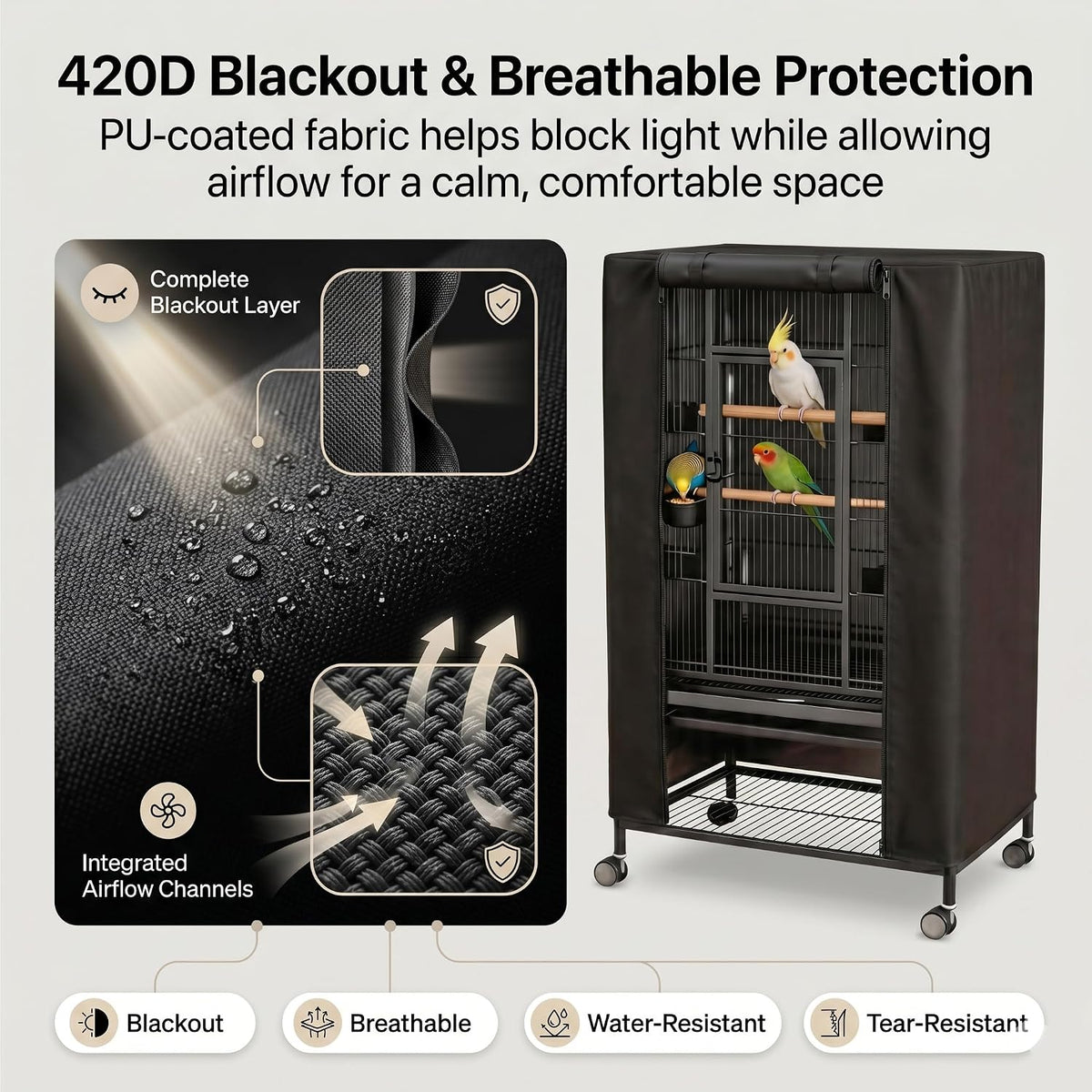 Hoartsardeo blackout bird cage cover folded to show 420D Oxford fabric
