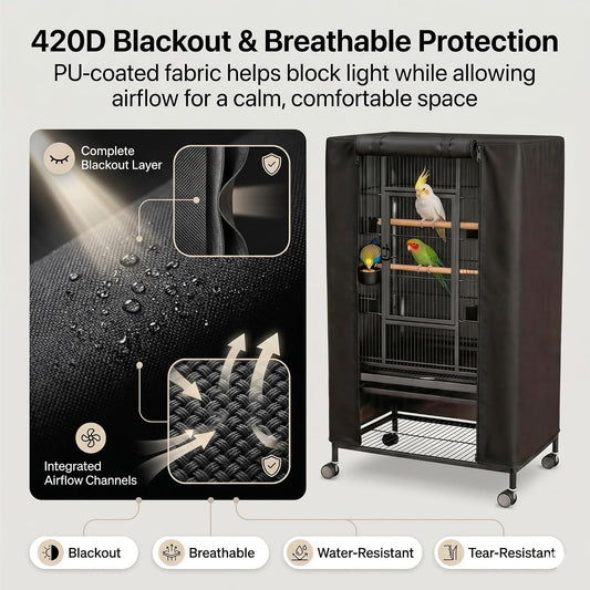 Hoartsardeo blackout night cover for bird cages with the front zipper panel rolled up for easy pet feeding access.