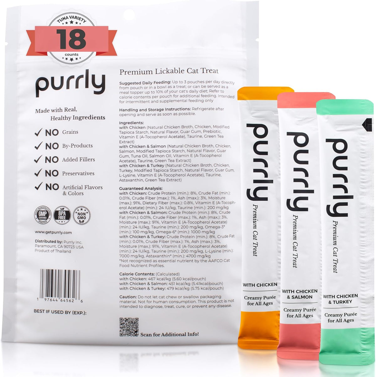 Three varieties of Purrly cat treat pouches side by side