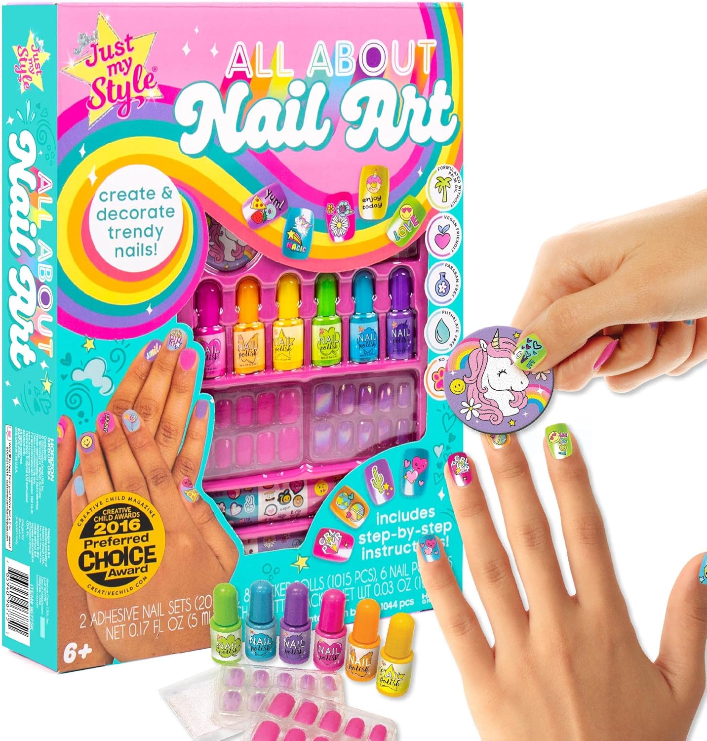 Just My Style All About Nail Art kit front view packaging showing colorful polishes and stickers.