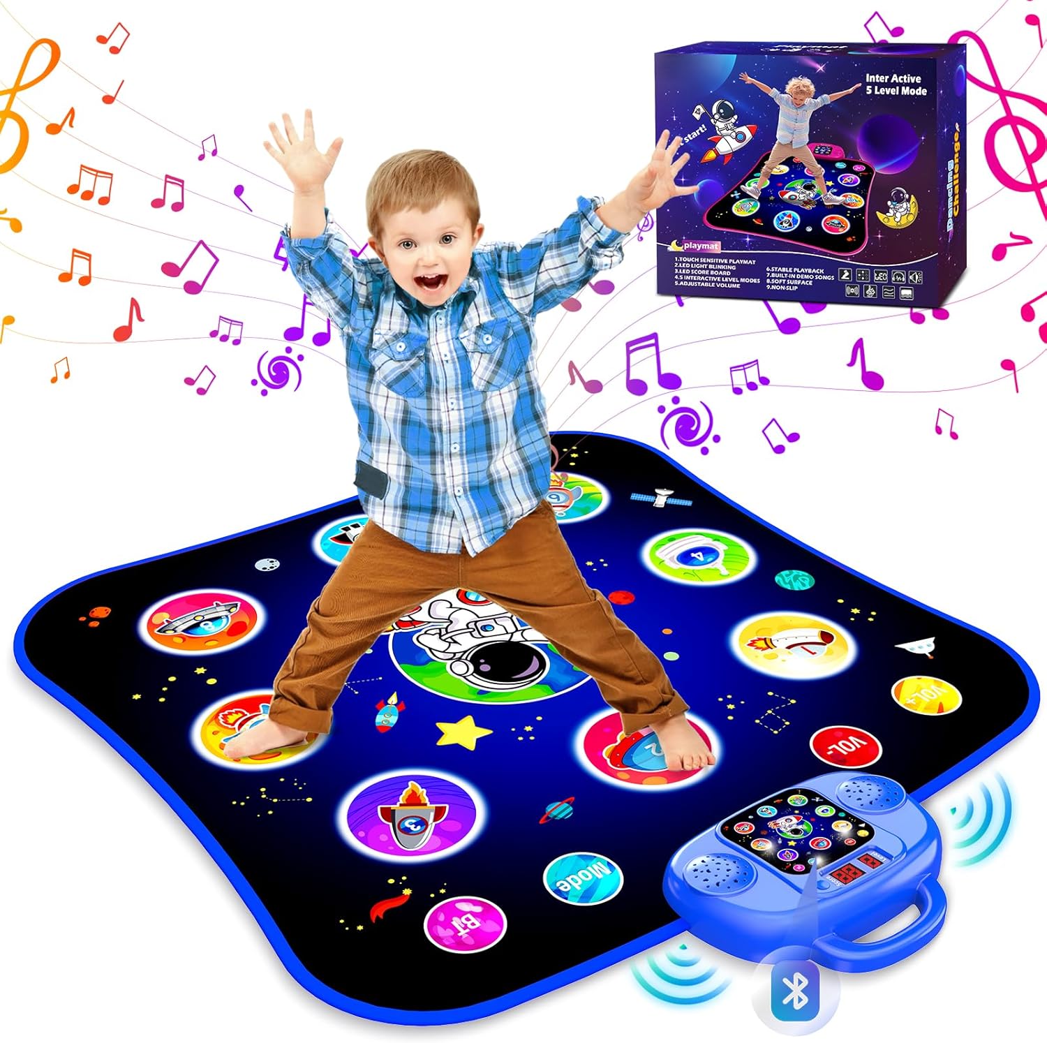 Jamlamq blue electronic dance mat with light-up buttons front view