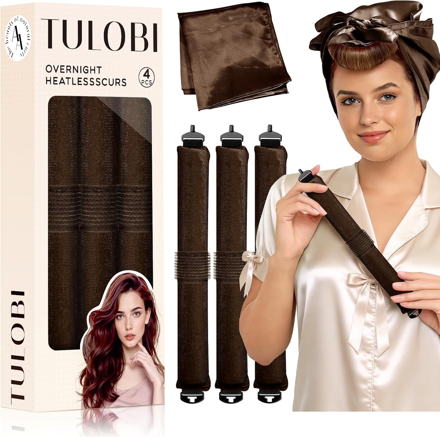 TULOBI Heatless Curls Overnight brown velvet blowout rods front view