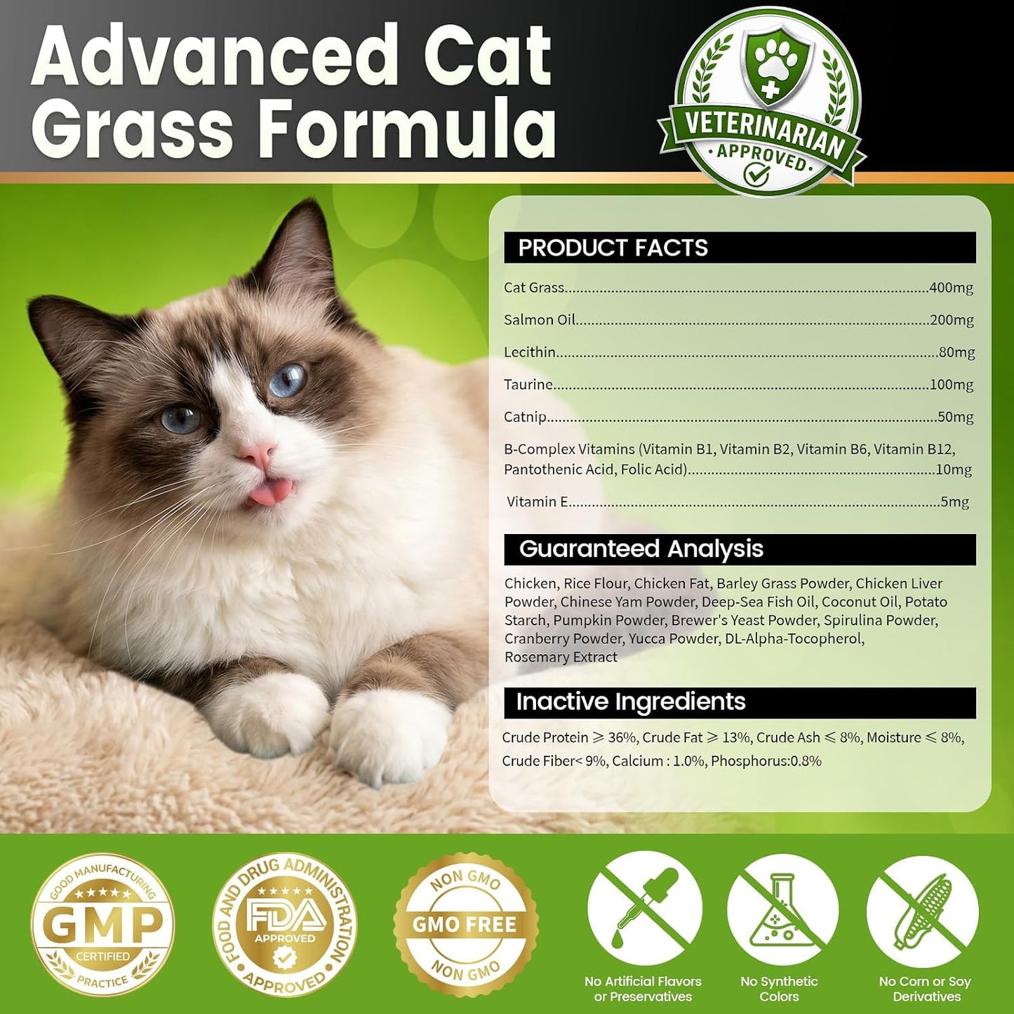 Veterinary formulated cat grass hairball chews with essential vitamins