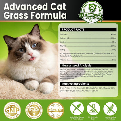 Veterinary formulated cat grass hairball chews with essential vitamins