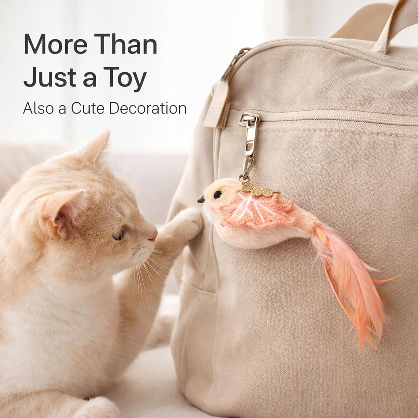 Handmade feather bird toy pendants repurposed as decorative accessories hanging on a backpack.
