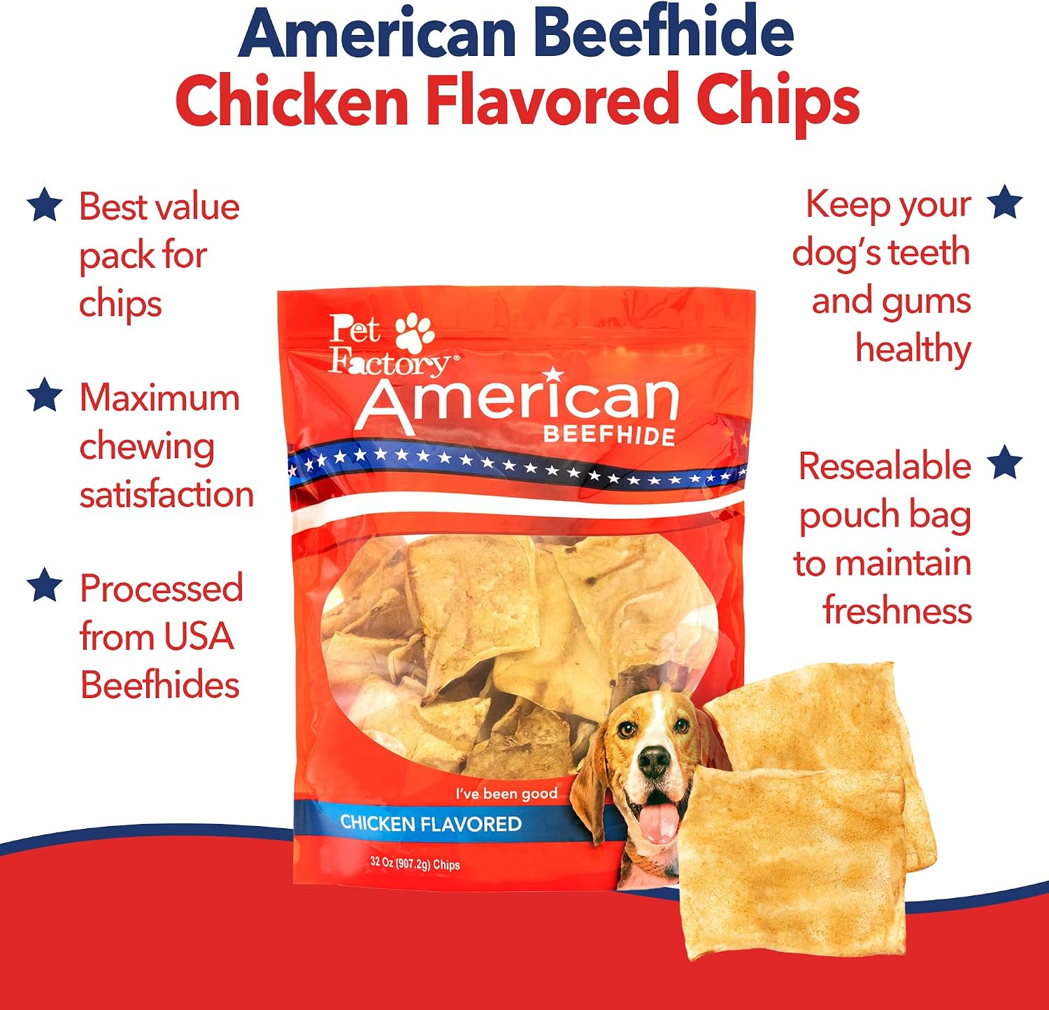 Pet Factory dog treats made from natural American cattle rawhide