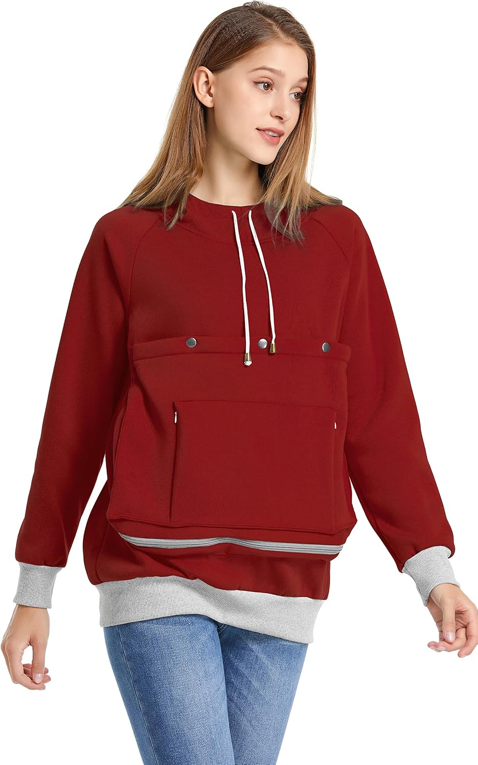 Burgundy unisex pet holder kangaroo pullover sweatshirt worn by a model