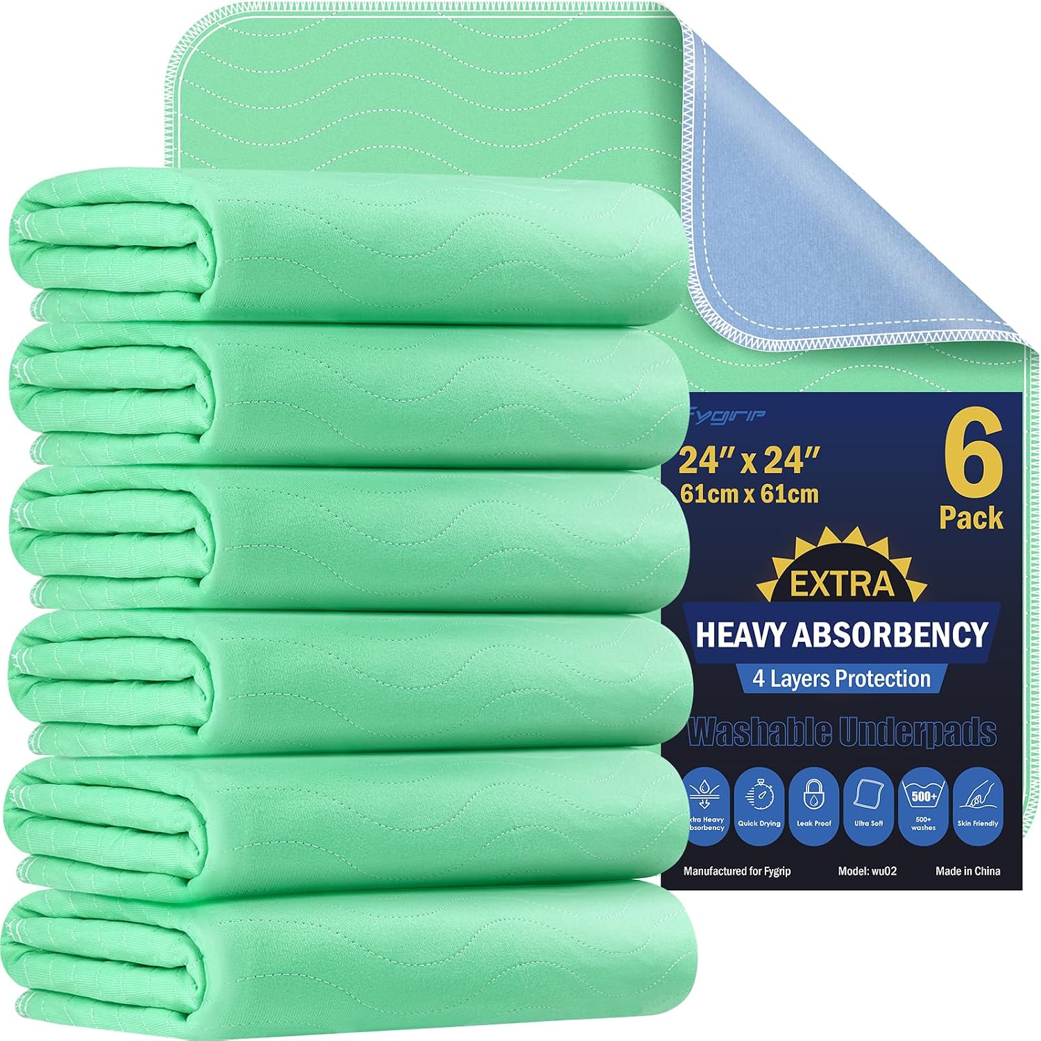 FYGRIP 4 Pack 36" x 36" Extra Heavy Absorbency Washable Underpads, Waterproof Quick Drying Nursing Incontinence Reusable Washable Bed Pee Pads for Dogs, Diaper Changing & Adults, Green - Image 10