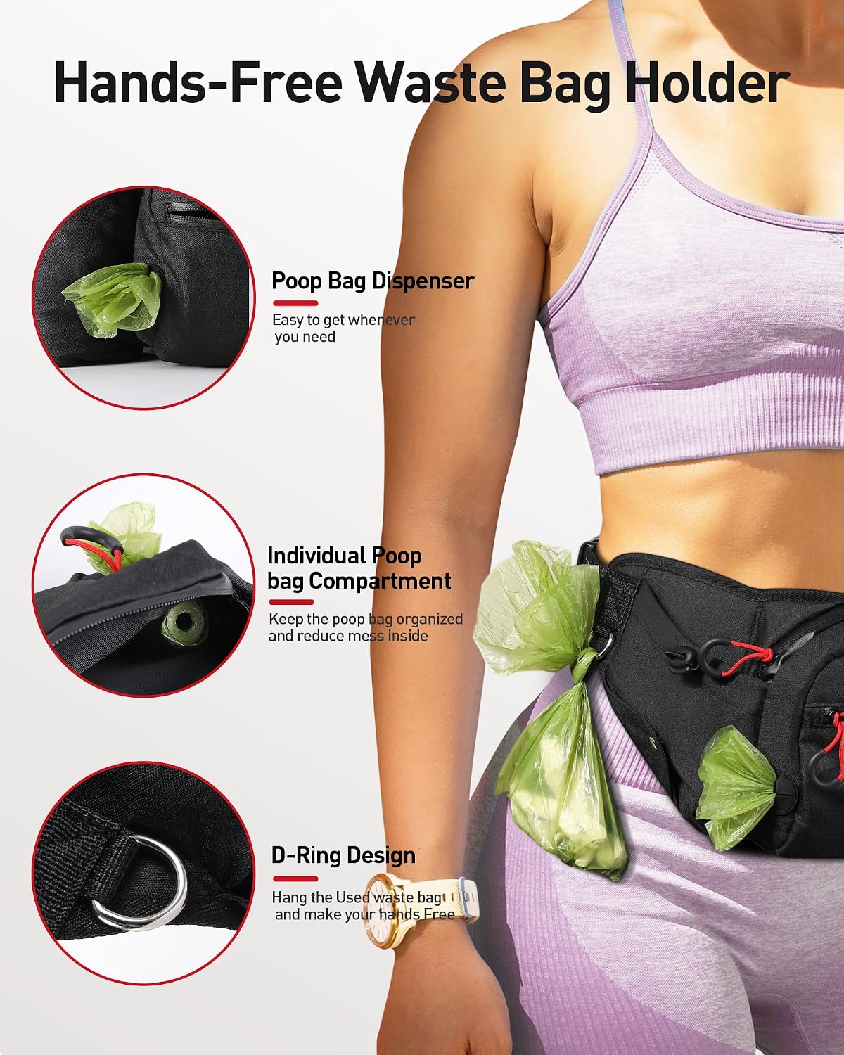 AGPTEK unisex large fanny pack showing close up detail of the heavy duty reinforced D rings and waterproof zipper track.