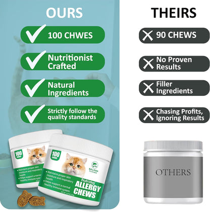 Cat Allergy Relief Chews for Seasonal Allergies - Itchy Skin, Sneezing & Paw Licking Remedy with Colostrum, Probiotics 300M CFU & Omega 3, Salmon Flavor Soft Chews, 100 Count - Image 9