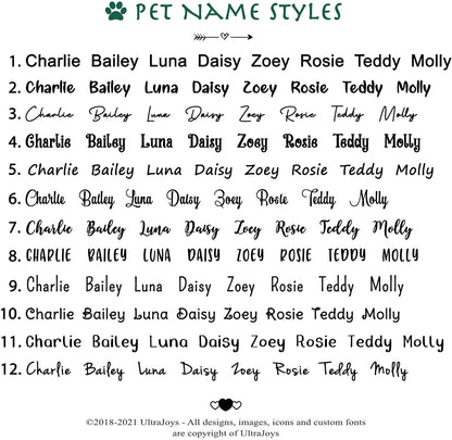 Ultra Joys engraved dog tag for large breeds illustrating the clean centered typography alignment.