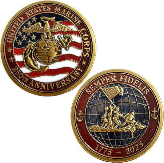 Lastikor Marine Corps 250th anniversary challenge coin front view showing intricate eagle globe and anchor emblem