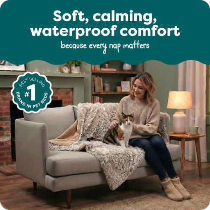 Furhaven protective dog throw blanket lifestyle view on living room sofa