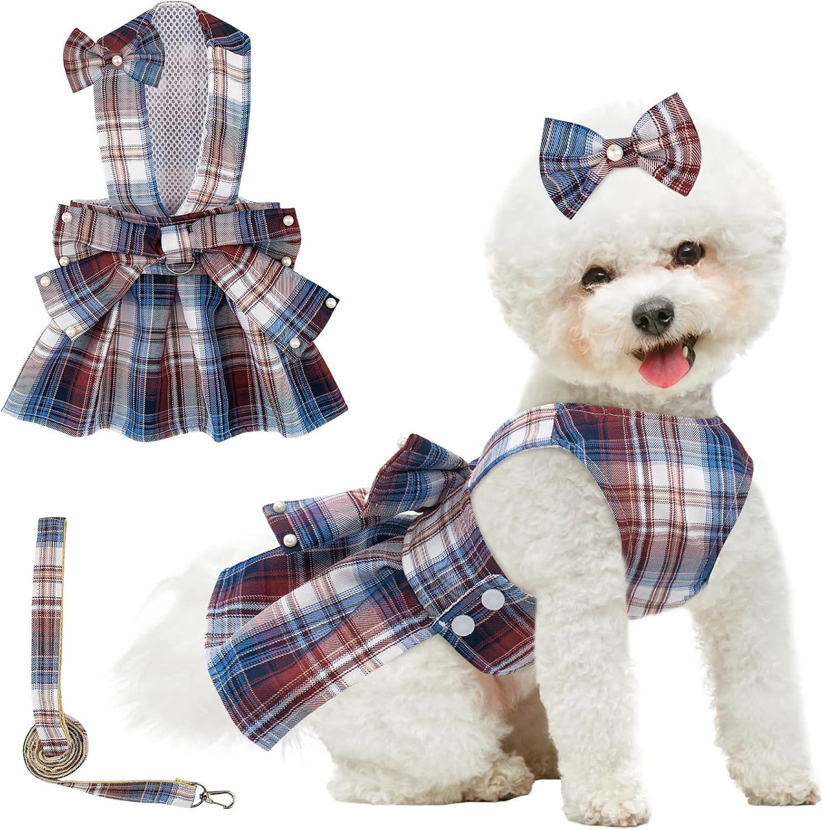 Coppthinktu Plaid Dog Dresses for Small Dogs Girl Bowknot Harness Leash Set, Cute Small Dog Dress Harness Cat Clothes Female with Pearl Bow Hair Clip, Summer Puppy Dress Yorkies Chihuahua Outfits - Image 12