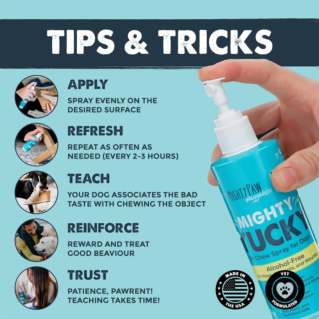 Close up of Mighty Paw Yucky no chew dog training spray