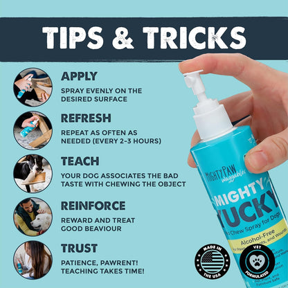 Close up of Mighty Paw Yucky no chew dog training spray