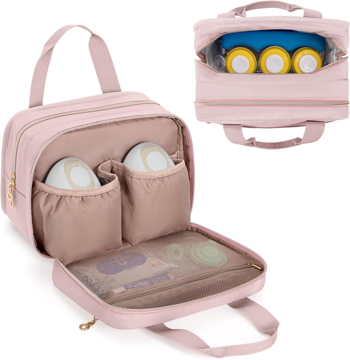 Damero wearable breast pump bag front view showing pink premium exterior and top handle