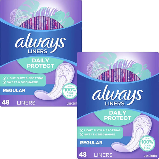 Always Radiant Pantiliners Regular Unscented front packaging showing 48 count box.