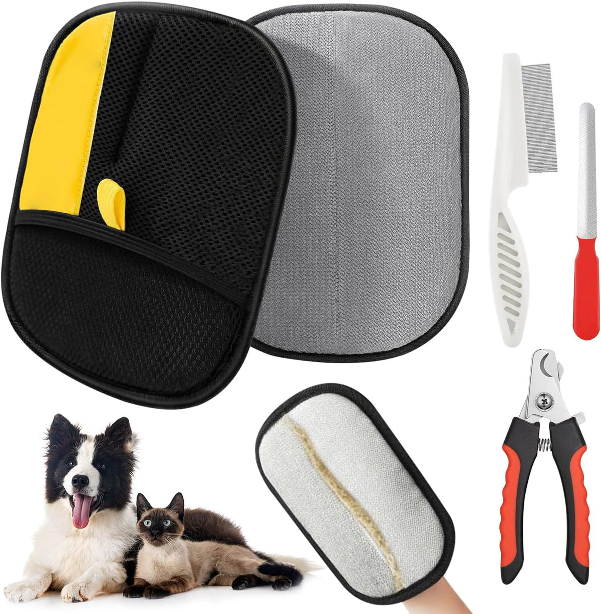 MA DREAMNEX pet hair removal glove grooming kit front view showing the 4 piece set