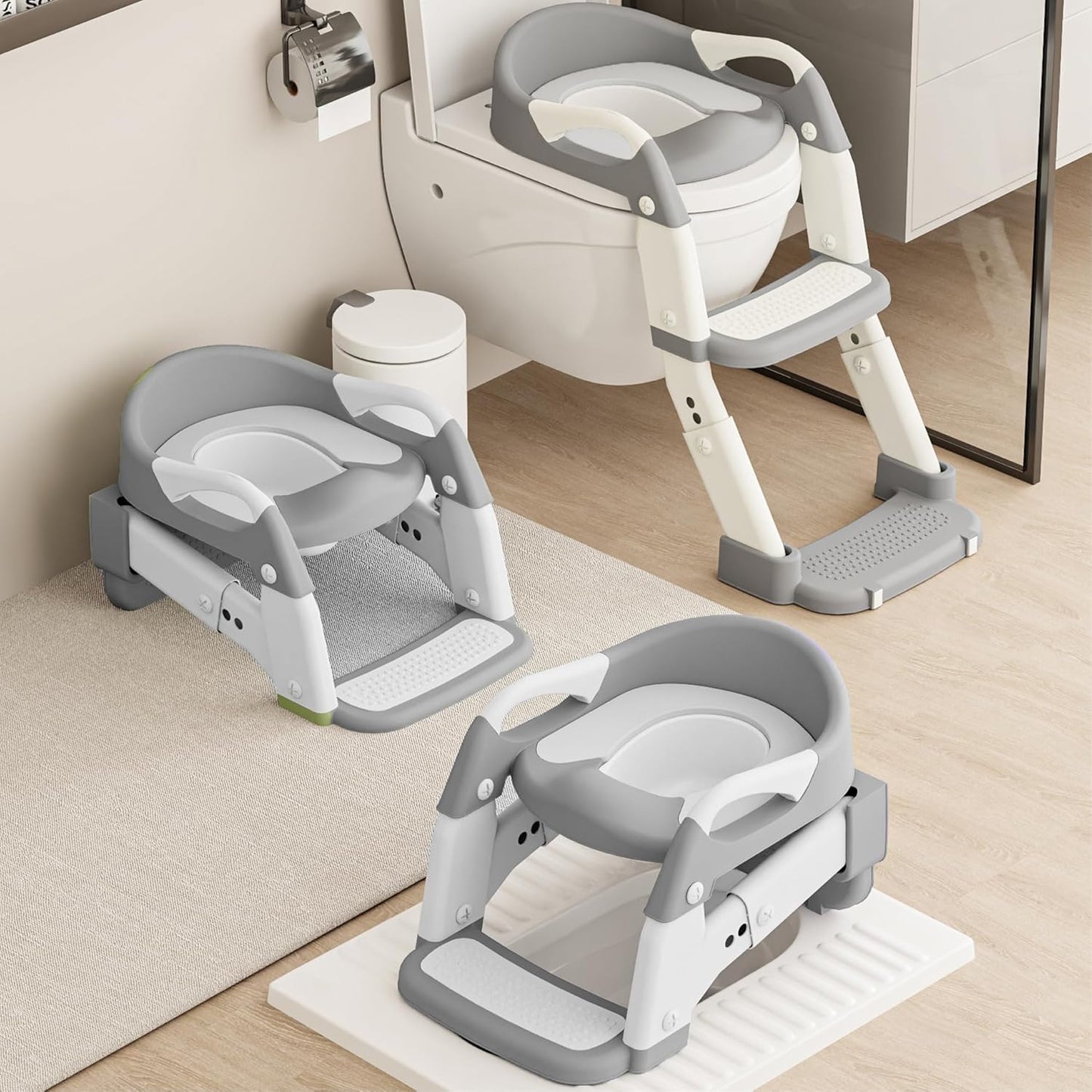 Zamno 3-in-1 toddler potty training toilet seat with foldable ladder front view for independent child bathroom training.