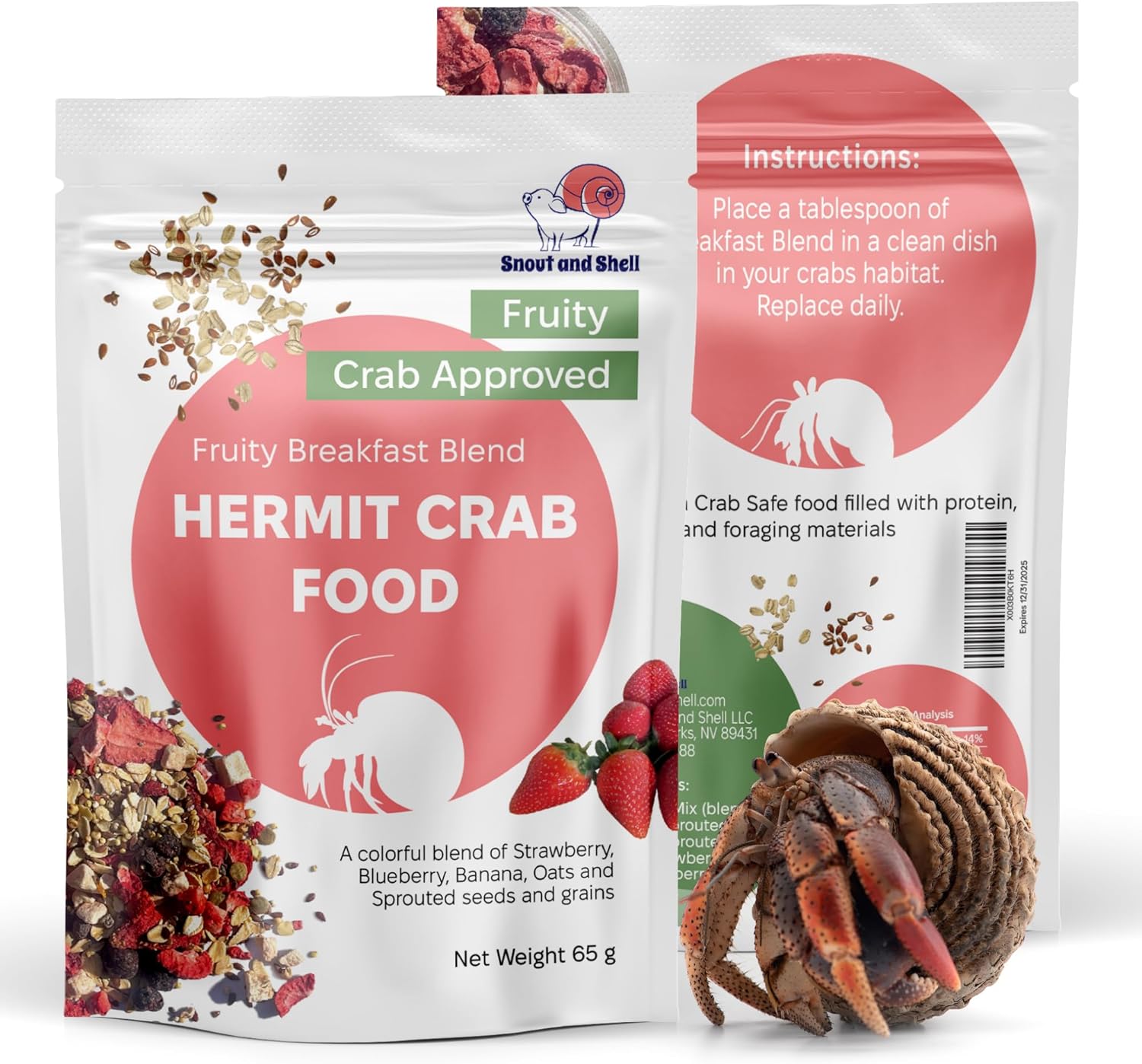 Snout and Shell natural hermit crab food package front view for healthy exotic pet nutrition.