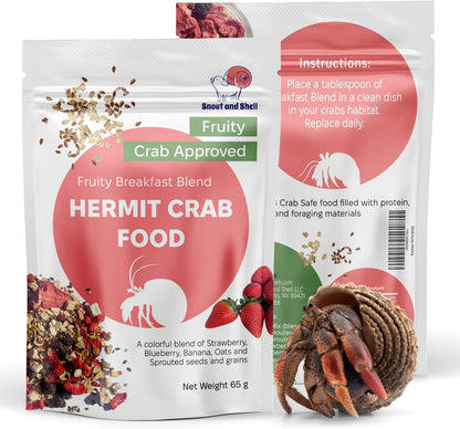 Snout and Shell natural hermit crab food package front view for healthy exotic pet nutrition.