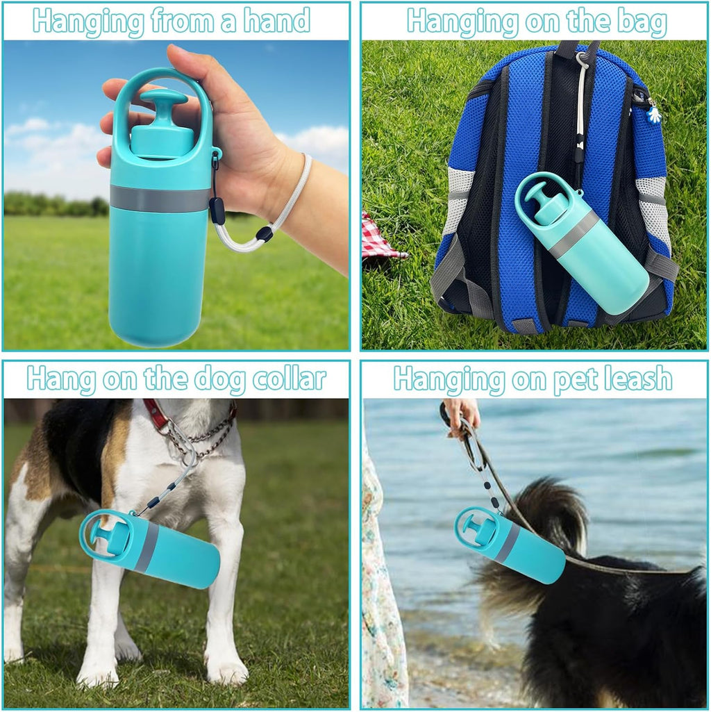 Fhiny portable pet tool being used to pick up waste from a green grass yard lawn.