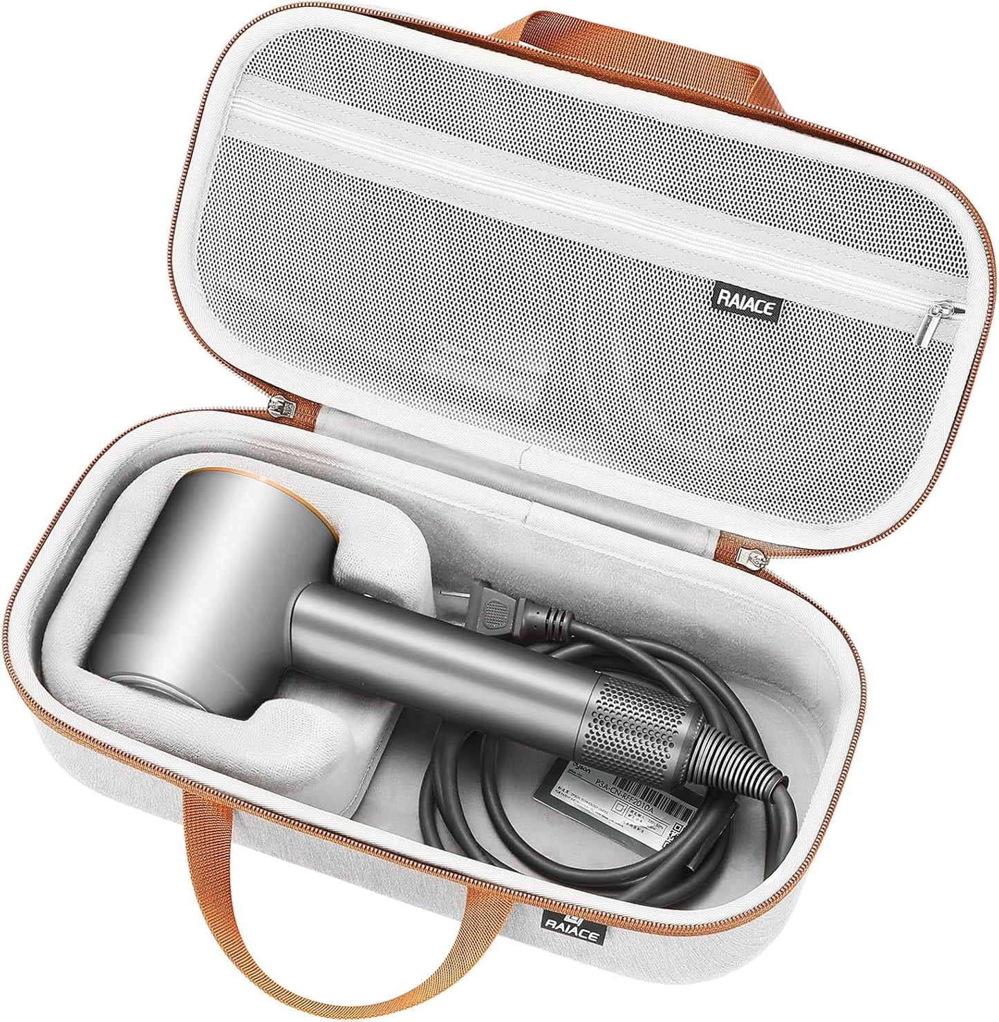 RAIACE hard storage case compatible with Dyson hair dryer gray front view