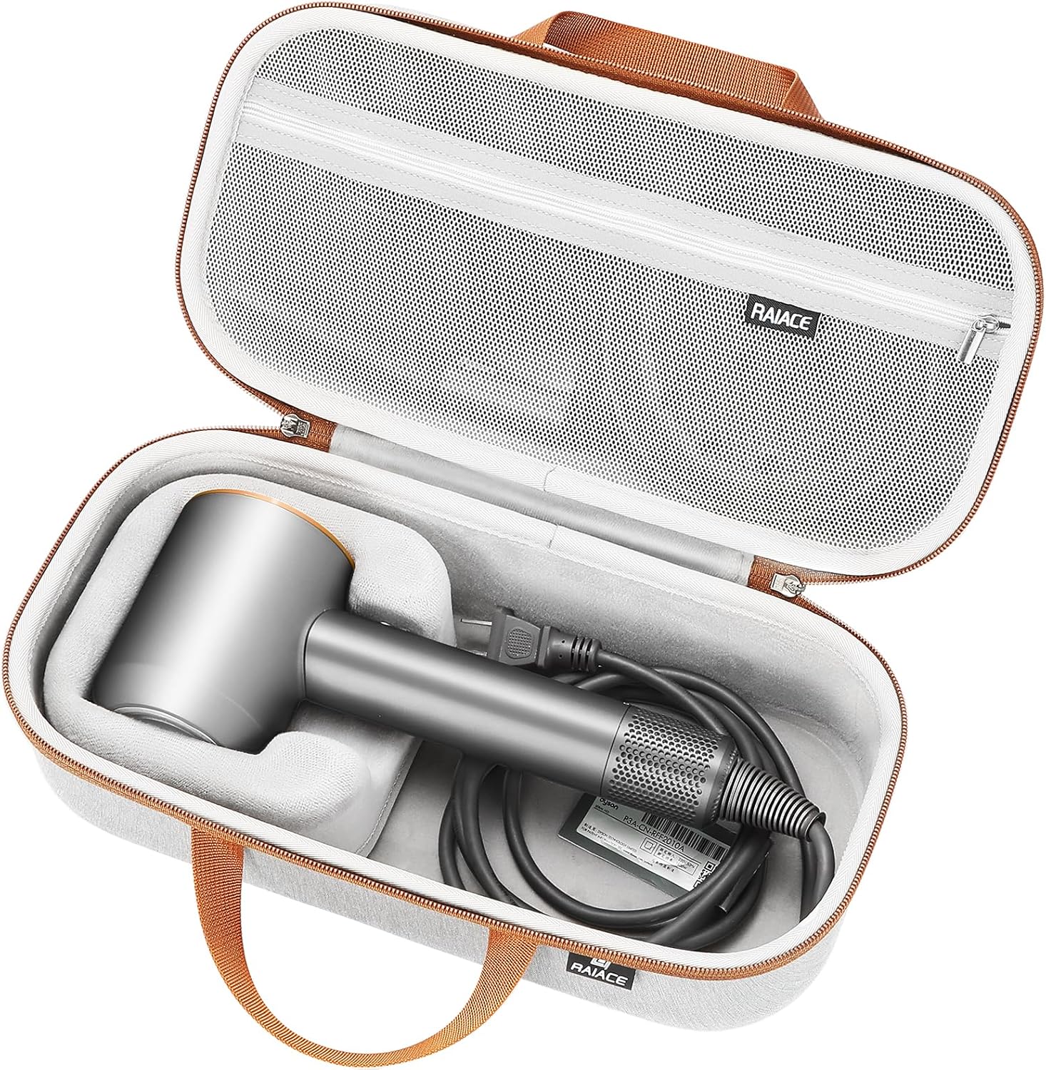 RAIACE hard storage case compatible with Dyson hair dryer gray front view