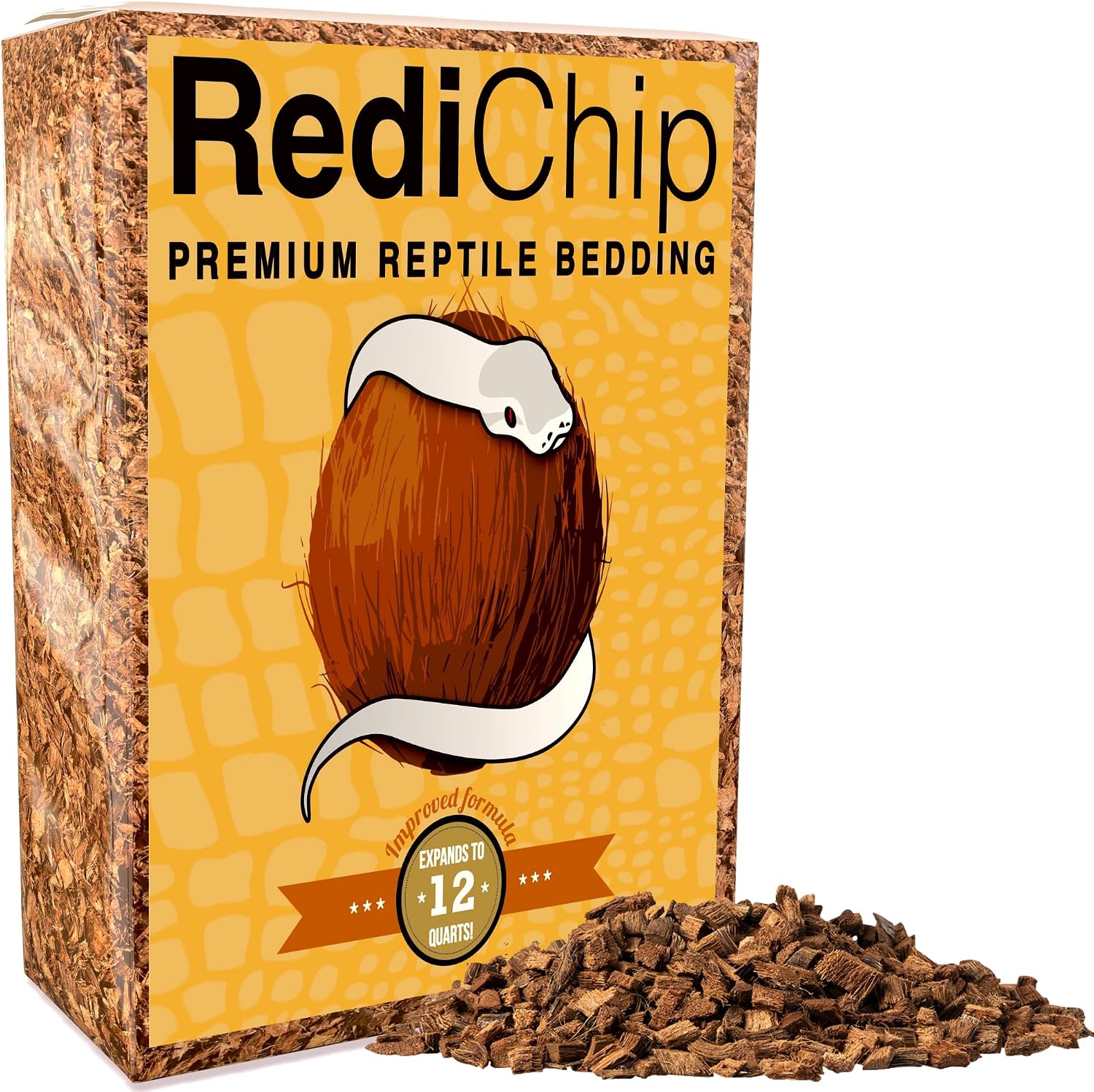 ReptiChip RediChip Premium Reptile Bedding front package view showing organic loose medium coconut chip substrate.