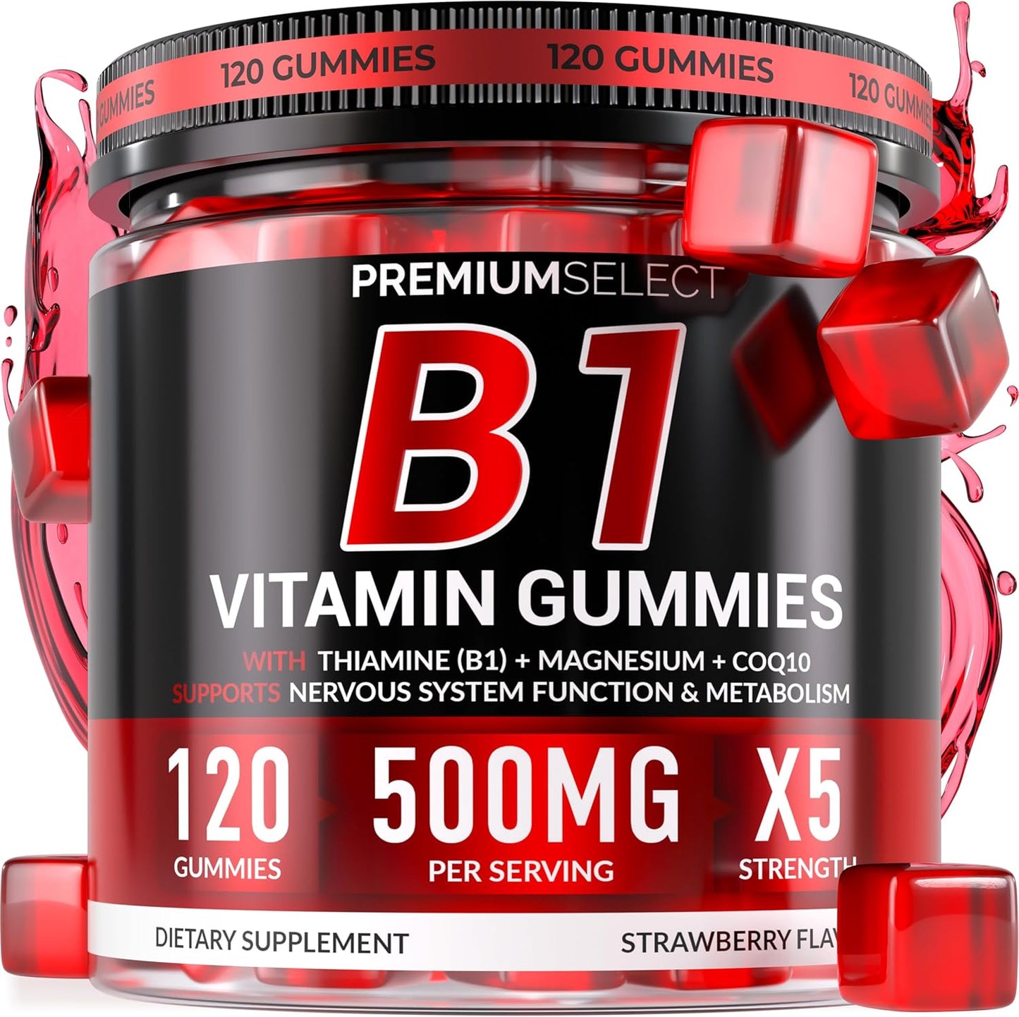 Premium Select Nutrition Vitamin B1 Thiamine Gummies front bottle view for daily energy support.