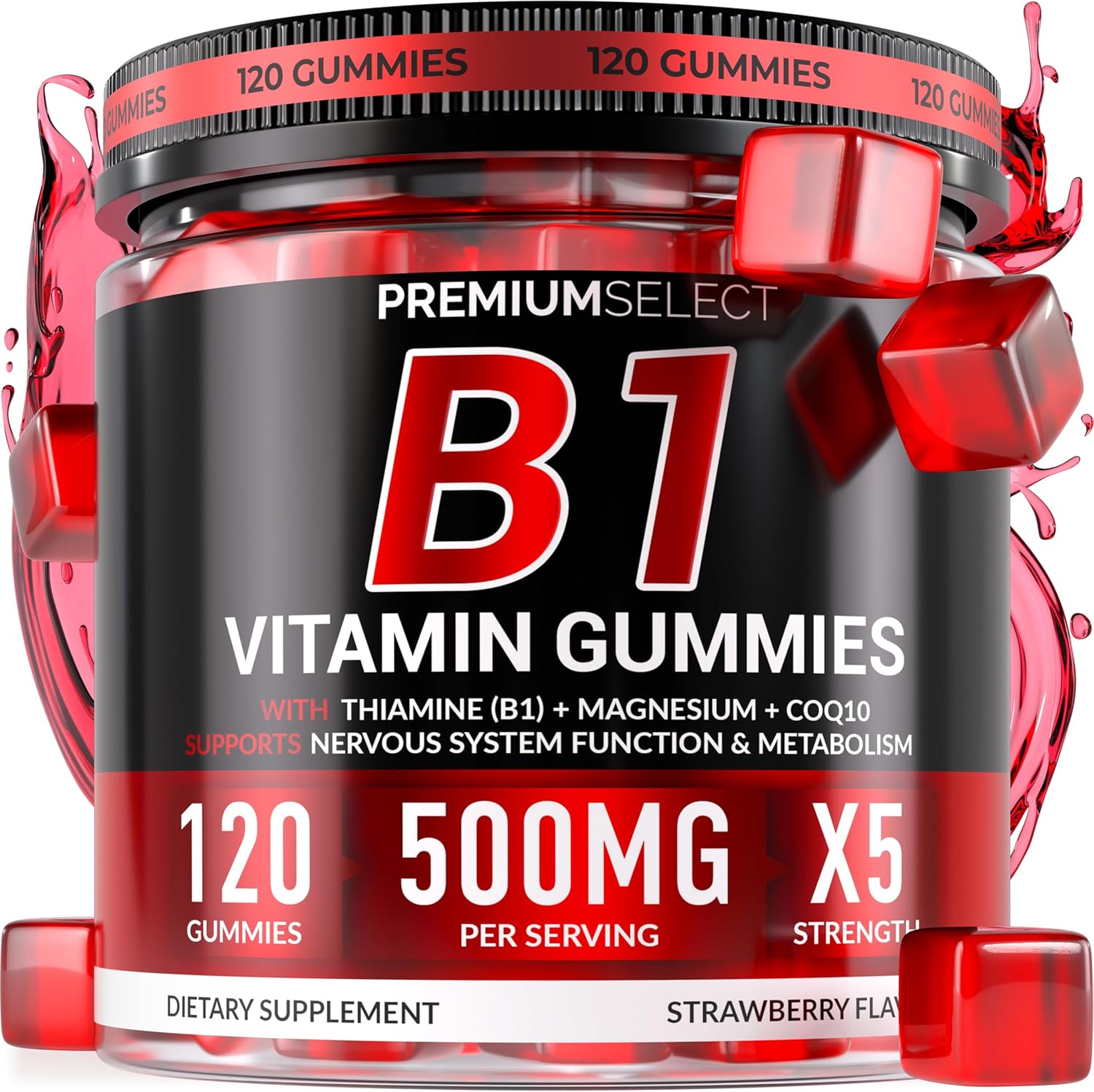 Premium Select Nutrition Vitamin B1 Thiamine Gummies front bottle view for daily energy support.
