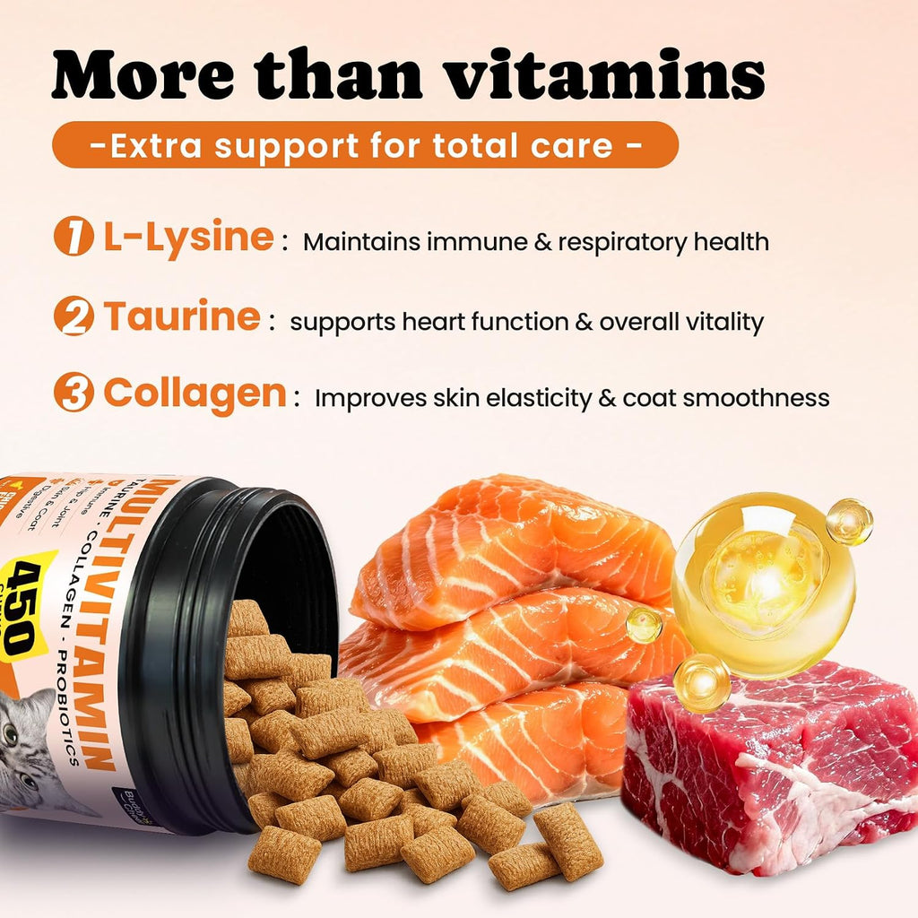 Buddycheer feline multivitamin supplement container highlighting the L-Lysine and Taurine immune support formula.