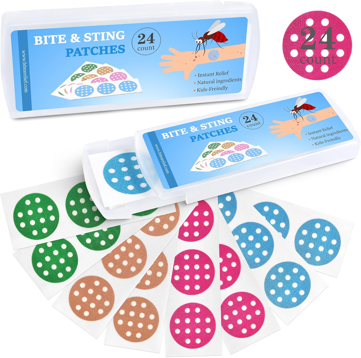 Nano Shield Kids Bug Bite Itch Relief Patches front view of packaging for natural insect bite care.