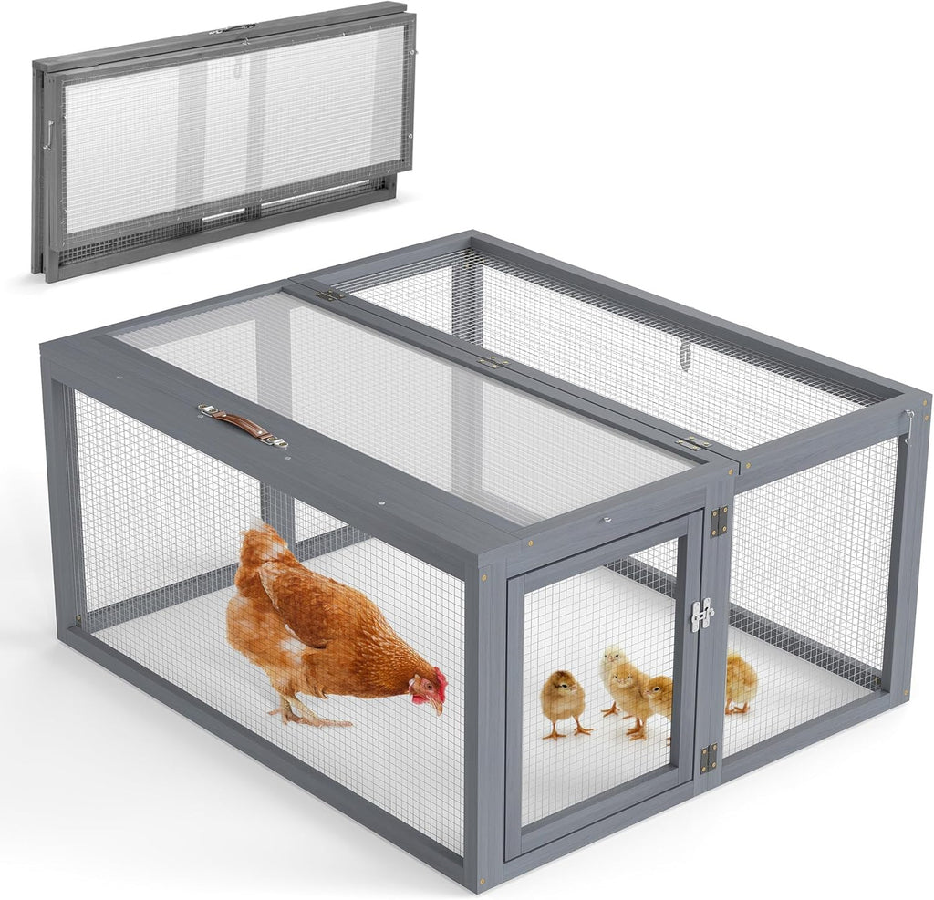 COZIWOW Chicken Coop Run Rabbit Hutch, Portable Chicken Cage Pens with Top & Side Opening Doors, Folding Wooden Chicken Coop, Outdoor Indoor Small Animal Playpen, Chicken Brooder Box, 43.3Inch (Grey) - Image 1