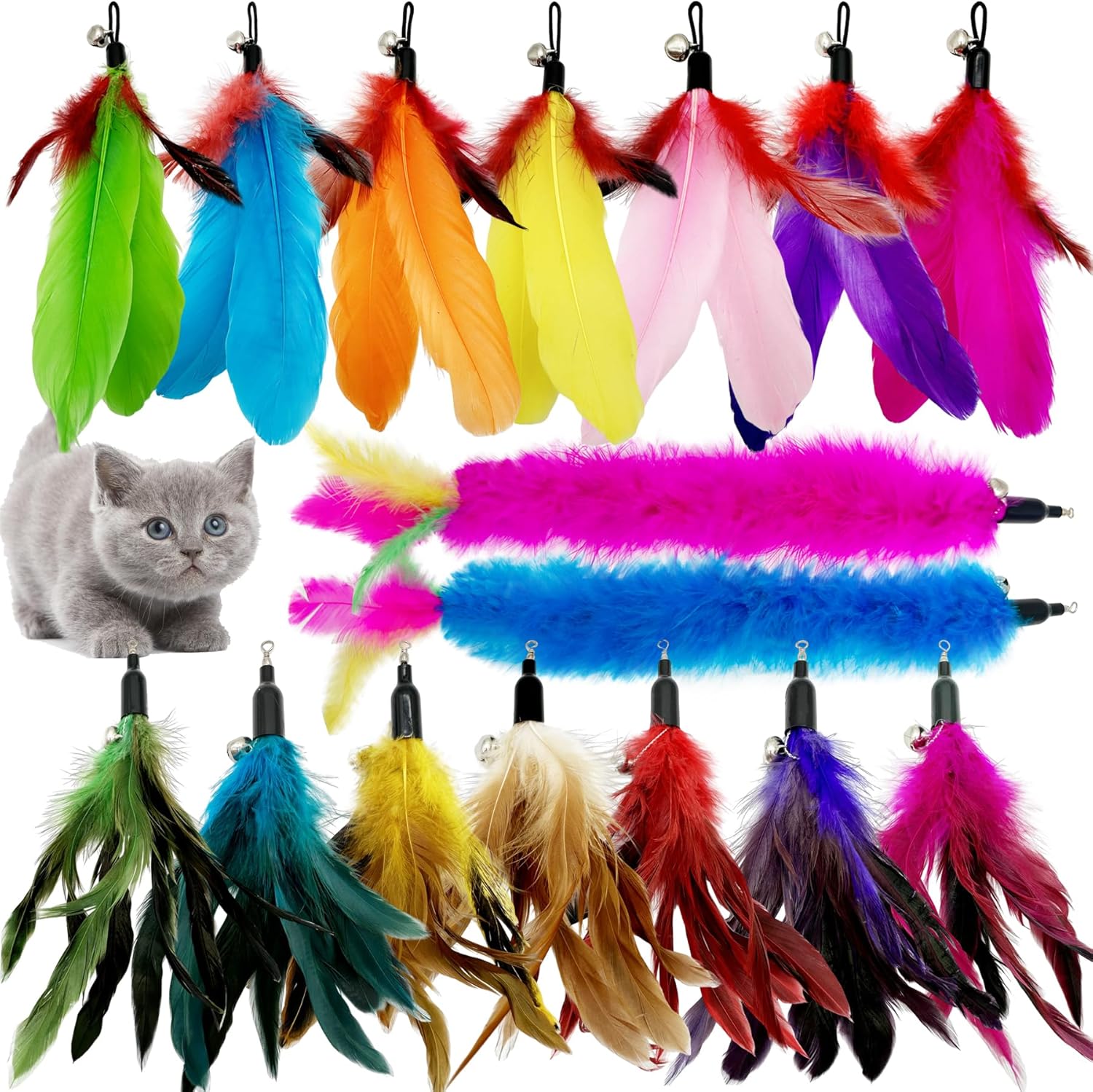 CATENEED Cat Feather Toys Refill front package view showing sixteen colorful replacement wand attachments.