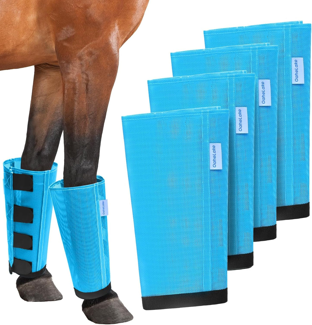 Durable blue mesh equine leg guards with stay put fasteners
